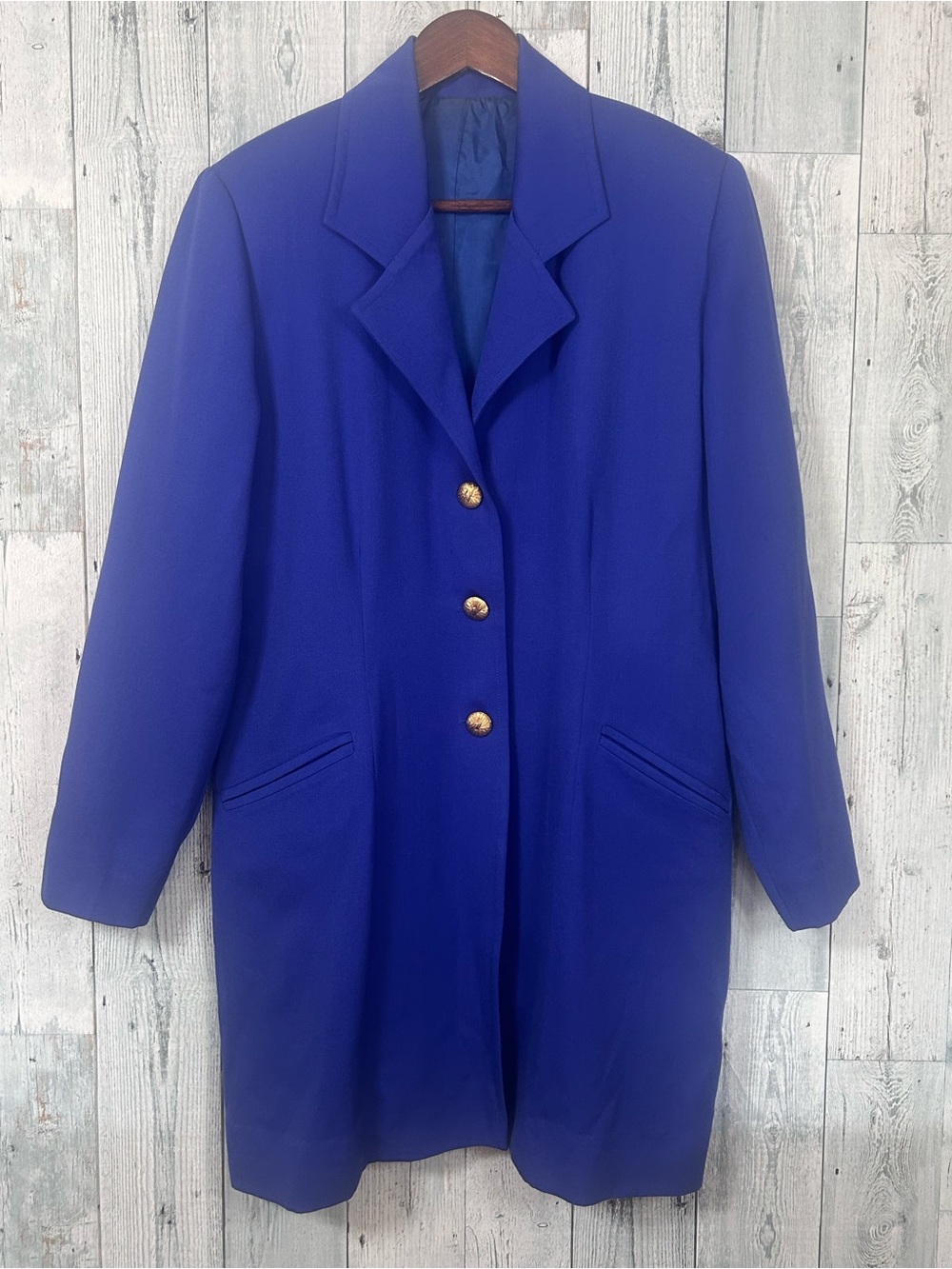 Vintage 80s Cobalt Blue Power Blazer Gold Buttons Longline Statement Maximalist